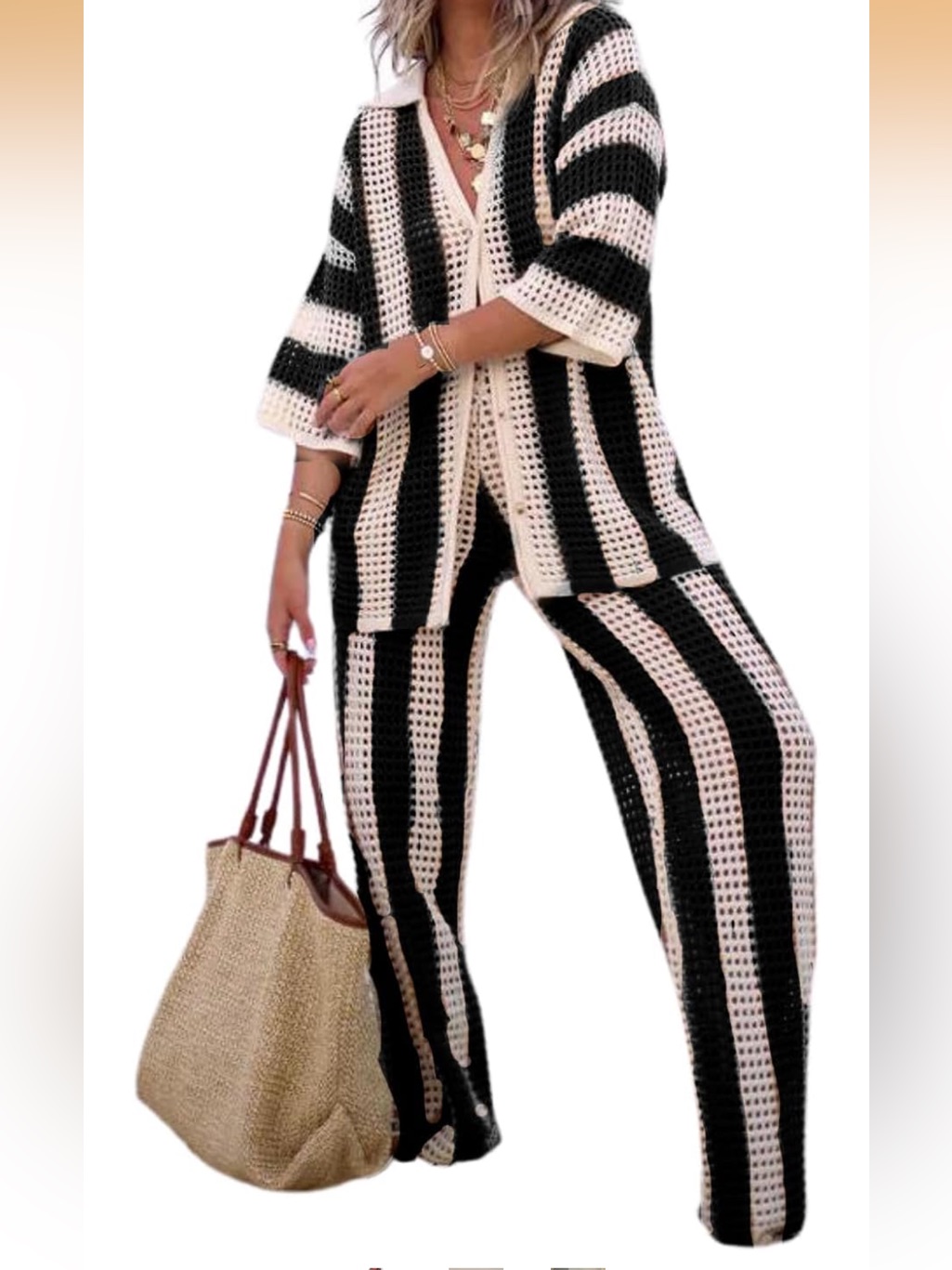 Crochet Two Piece, Striped Knit Wide-Leg Pants Black & Cream